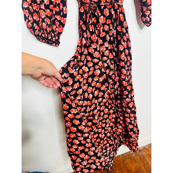 GANNI Red Black Floral Wrap Puff Sleeves V-Neckline Midi Dress size 36 - Picture 15 of 16